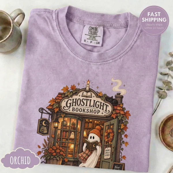 Ghostlight Bookshop Ghost, Spooky Autumn Book Lover — alternate product mockup Ghostlight Bookshop Halloween Shirt t-shirt product photo