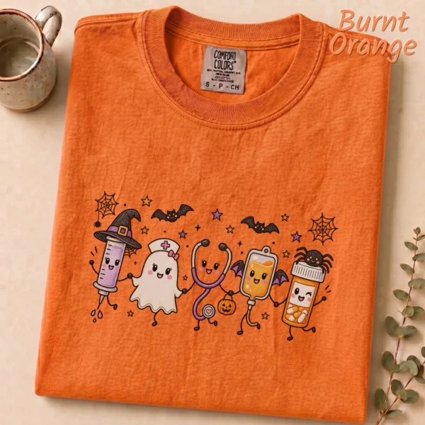 Halloween Nurse Life Kawaii Medical Characters Shirt — alternate product mockup Halloween nurse shirt t-shirt product photo