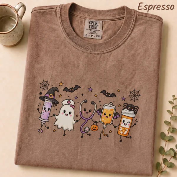 Halloween Nurse Life Kawaii Medical Characters Shirt — alternate product mockup Halloween nurse shirt t-shirt product photo
