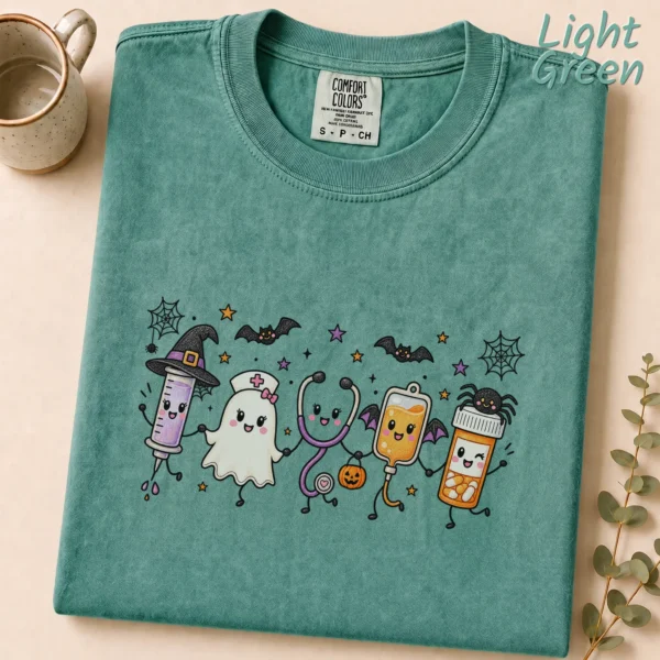 Halloween Nurse Life Kawaii Medical Characters Shirt — alternate product mockup Halloween nurse shirt t-shirt product photo
