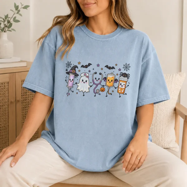 Halloween Nurse Life Kawaii Medical Characters Shirt — lifestyle mockup Halloween nurse shirt t-shirt lifestyle scene