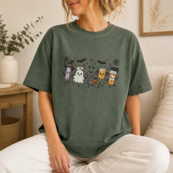 Halloween Nurse Life Kawaii Medical Characters Shirt — lifestyle mockup Halloween nurse shirt t-shirt lifestyle scene