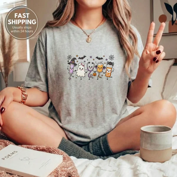 Halloween Nurse Life Kawaii Medical Characters Shirt — alternate product mockup Halloween nurse shirt t-shirt product photo