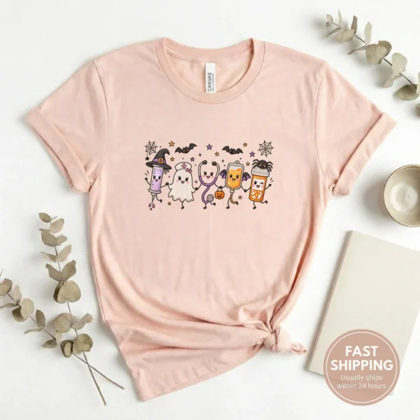 Halloween Nurse Life Kawaii Medical Characters Shirt — alternate product mockup Halloween nurse shirt t-shirt product photo