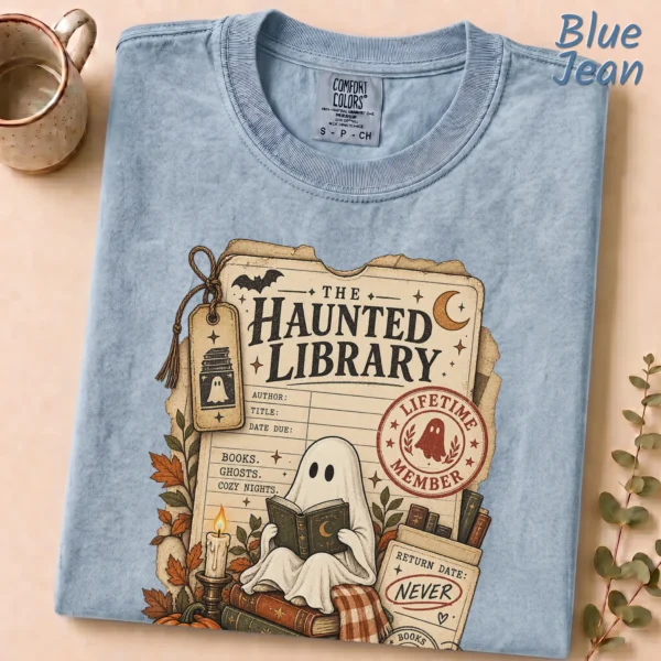 Haunted Library Card Ghost, Vintage Halloween Book Lover — alternate product mockup haunted library t-shirt front view
