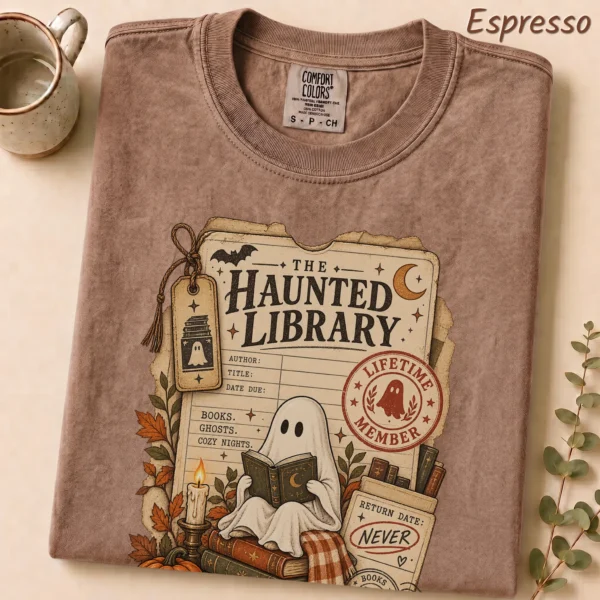 Haunted Library Card Ghost, Vintage Halloween Book Lover — alternate product mockup haunted library t-shirt lifestyle scene