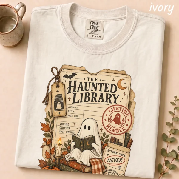 Haunted Library Card Ghost, Vintage Halloween Book Lover — alternate product mockup haunted library t-shirt close-up detail