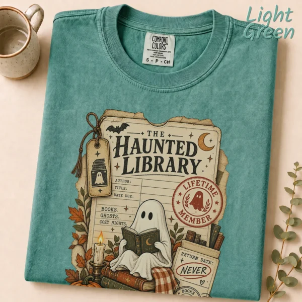 Haunted Library Card Ghost, Vintage Halloween Book Lover — alternate product mockup haunted library t-shirt styled product photo