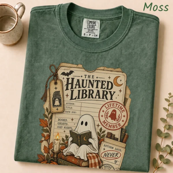 Haunted Library Card Ghost, Vintage Halloween Book Lover — alternate product mockup haunted library t-shirt product detail