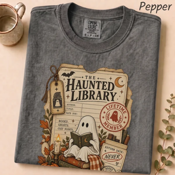 Haunted Library Card Ghost, Vintage Halloween Book Lover — alternate product mockup haunted library t-shirt alternate angle