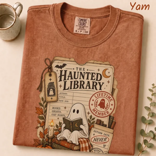 Haunted Library Card Ghost, Vintage Halloween Book Lover — alternate product mockup haunted library t-shirt product photo
