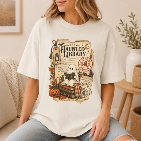 Haunted Library Card Ghost, Vintage Halloween Book Lover — lifestyle mockup haunted library t-shirt lifestyle scene