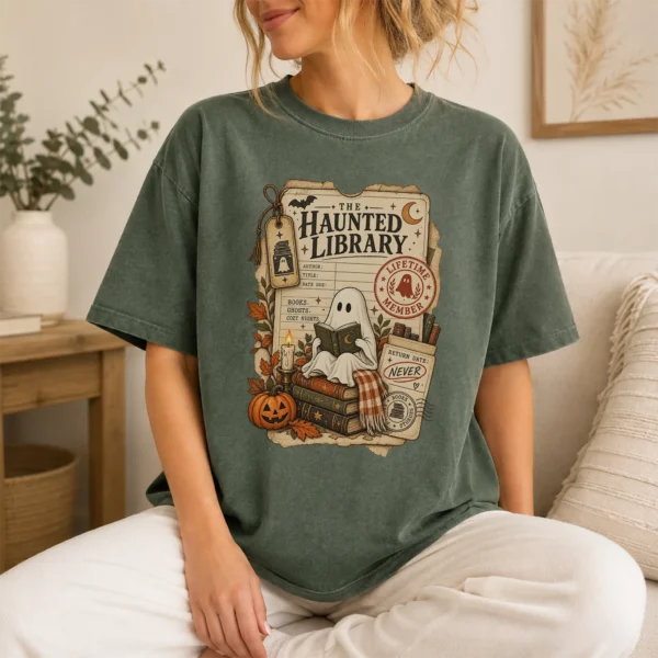 Haunted Library Card Ghost, Vintage Halloween Book Lover — lifestyle mockup haunted library t-shirt lifestyle scene