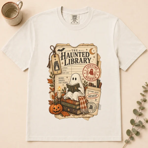 Haunted Library Card Ghost, Vintage Halloween Book Lover — alternate product mockup haunted library t-shirt flat lay view