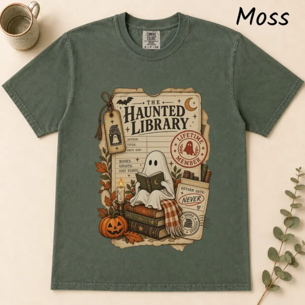 Haunted Library Card Ghost, Vintage Halloween Book Lover — alternate product mockup haunted library t-shirt flat lay view
