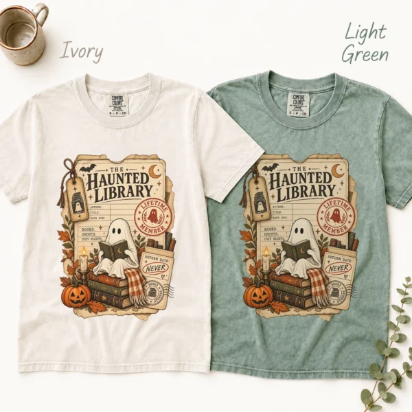Haunted Library Card Ghost, Vintage Halloween Book Lover — alternate product mockup haunted library t-shirt color options