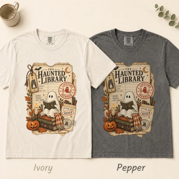 Haunted Library Card Ghost, Vintage Halloween Book Lover — alternate product mockup haunted library t-shirt color options