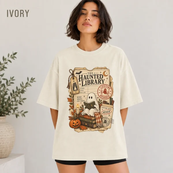 Haunted Library Card Ghost, Vintage Halloween Book Lover — alternate product mockup haunted library t-shirt color options