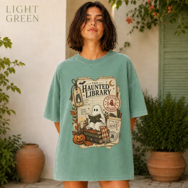 Haunted Library Card Ghost, Vintage Halloween Book Lover — alternate product mockup haunted library t-shirt color options