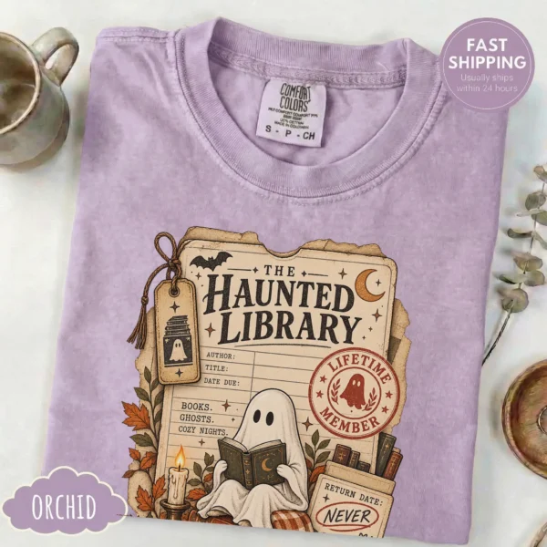 Haunted Library Card Ghost, Vintage Halloween Book Lover — alternate product mockup haunted library t-shirt product photo