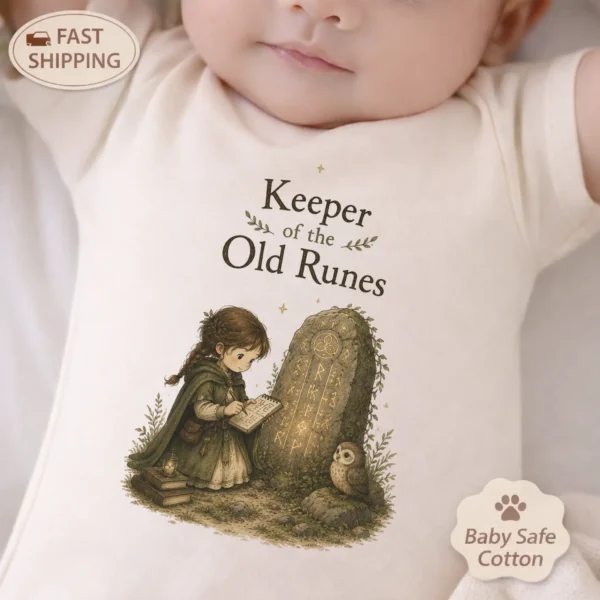 Keeper of the Old Runes Baby Bodysuit, Boy or Girl — baby bodysuit mockup keeper of the old runes baby bodysuit alternate angle