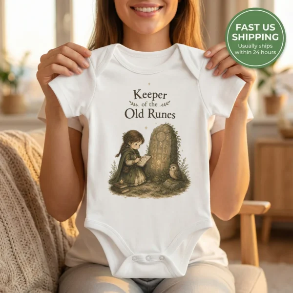 Keeper of the Old Runes Baby Bodysuit, Boy or Girl — baby bodysuit mockup keeper of the old runes baby bodysuit front view