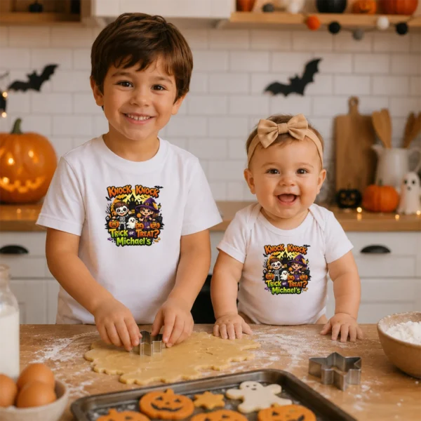 Personalized Knock Knock Trick or Treat Halloween Shirt or Bodysuit — sibling matching set mockup Knock Knock Trick or Treat Personalized Halloween Shirt baby bodysuit front view