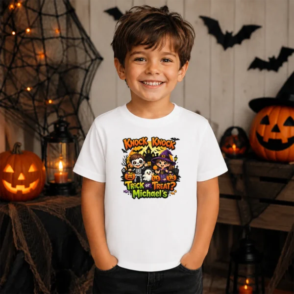 Personalized Knock Knock Trick or Treat Halloween Shirt or Bodysuit — sibling matching set mockup Knock Knock Trick or Treat Personalized Halloween Shirt baby bodysuit mockup view