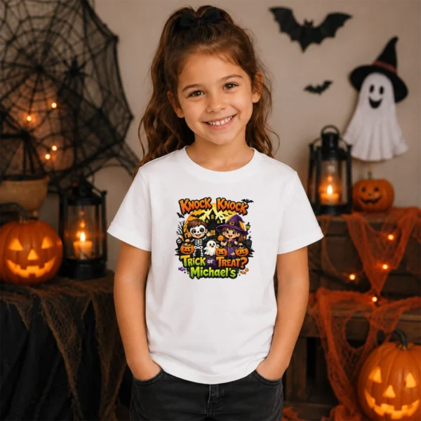 Personalized Knock Knock Trick or Treat Halloween Shirt or Bodysuit — sibling matching set mockup Knock Knock Trick or Treat Personalized Halloween Shirt baby bodysuit lifestyle scene