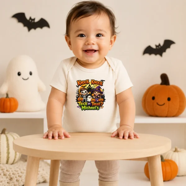 Personalized Knock Knock Trick or Treat Halloween Shirt or Bodysuit — baby bodysuit mockup Knock Knock Trick or Treat Personalized Halloween Shirt baby bodysuit close-up detail
