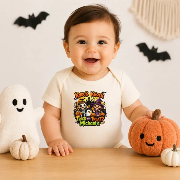 Personalized Knock Knock Trick or Treat Halloween Shirt or Bodysuit — baby bodysuit mockup Knock Knock Trick or Treat Personalized Halloween Shirt baby bodysuit styled product photo
