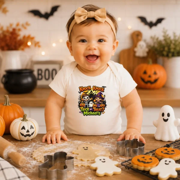 Personalized Knock Knock Trick or Treat Halloween Shirt or Bodysuit — baby bodysuit mockup Knock Knock Trick or Treat Personalized Halloween Shirt baby bodysuit product detail