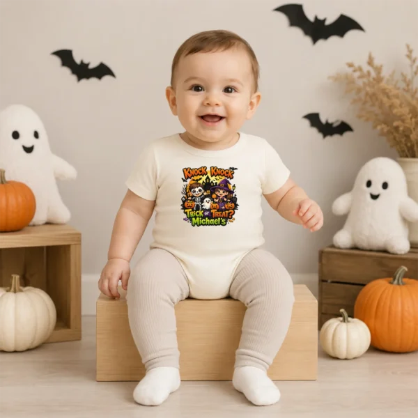 Personalized Knock Knock Trick or Treat Halloween Shirt or Bodysuit — baby bodysuit mockup Knock Knock Trick or Treat Personalized Halloween Shirt baby bodysuit alternate angle