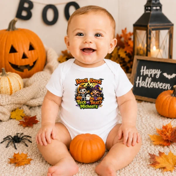 Personalized Knock Knock Trick or Treat Halloween Shirt or Bodysuit — baby bodysuit mockup Knock Knock Trick or Treat Personalized Halloween Shirt baby bodysuit product photo