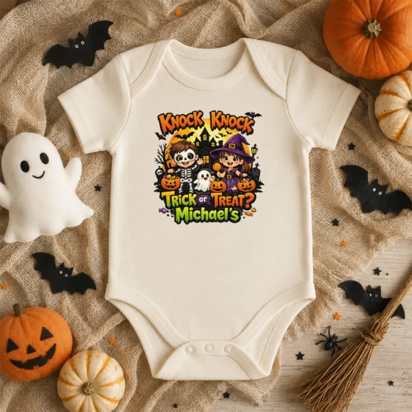Personalized Knock Knock Trick or Treat Halloween Shirt or Bodysuit — baby bodysuit mockup Knock Knock Trick or Treat Personalized Halloween Shirt baby bodysuit product photo