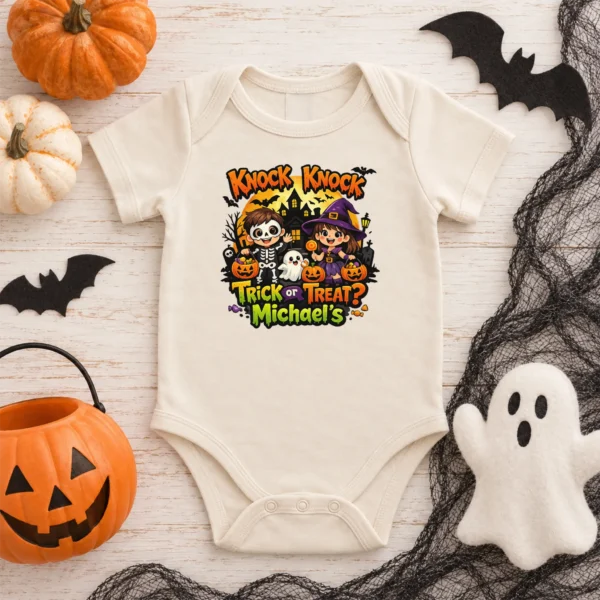 Personalized Knock Knock Trick or Treat Halloween Shirt or Bodysuit — baby bodysuit mockup Knock Knock Trick or Treat Personalized Halloween Shirt baby bodysuit product photo