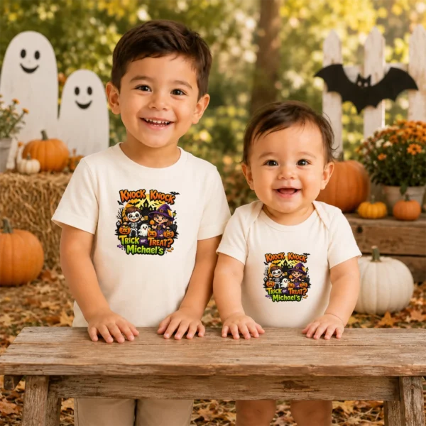 Personalized Knock Knock Trick or Treat Halloween Shirt or Bodysuit — baby bodysuit mockup Knock Knock Trick or Treat Personalized Halloween Shirt baby bodysuit product photo