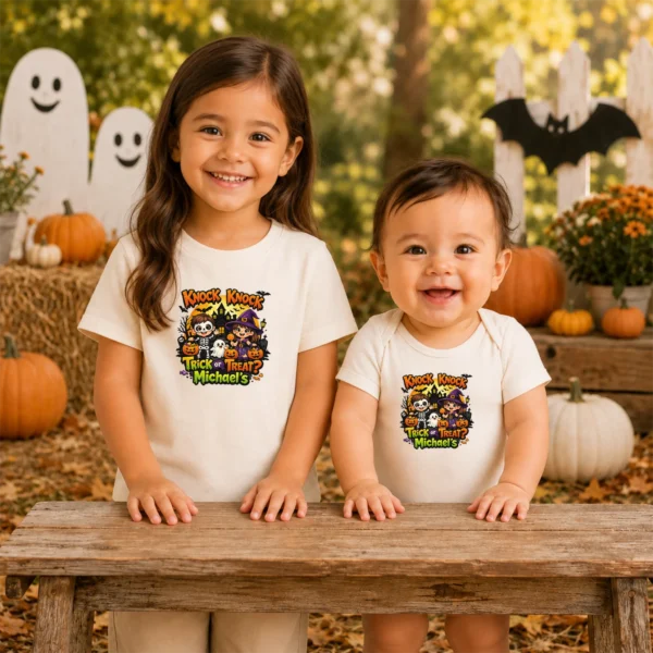 Personalized Knock Knock Trick or Treat Halloween Shirt or Bodysuit — baby bodysuit mockup Knock Knock Trick or Treat Personalized Halloween Shirt baby bodysuit product photo