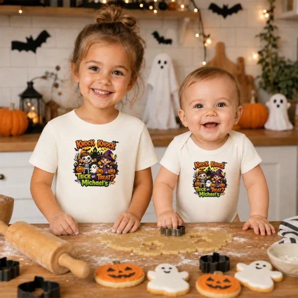 Personalized Knock Knock Trick or Treat Halloween Shirt or Bodysuit — baby bodysuit mockup Knock Knock Trick or Treat Personalized Halloween Shirt baby bodysuit product photo