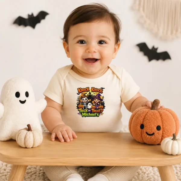 Personalized Knock Knock Trick or Treat Halloween Shirt or Bodysuit — baby bodysuit mockup Knock Knock Trick or Treat Personalized Halloween Shirt baby bodysuit product photo