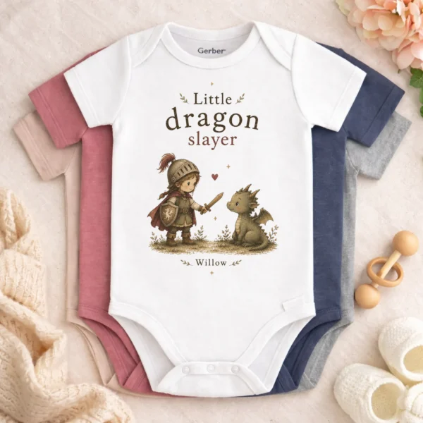 Personalized Little Dragon Slayer Baby Bodysuit, Boy or Girl — baby bodysuit mockup little dragon slayer baby bodysuit color options