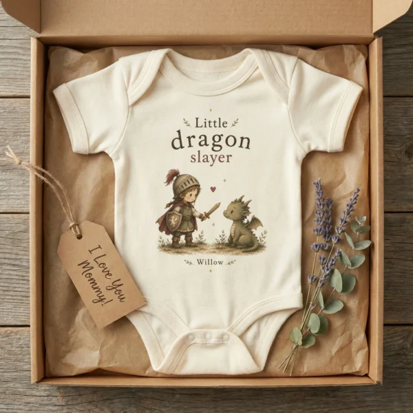 Personalized Little Dragon Slayer Baby Bodysuit, Boy or Girl — baby bodysuit mockup little dragon slayer baby bodysuit lifestyle scene