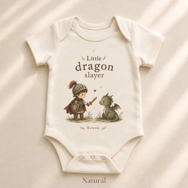 Personalized Little Dragon Slayer Baby Bodysuit, Boy or Girl — alternate product mockup little dragon slayer baby bodysuit alternate angle