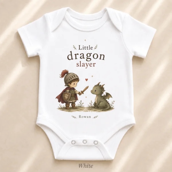 Personalized Little Dragon Slayer Baby Bodysuit, Boy or Girl — alternate product mockup little dragon slayer baby bodysuit product photo