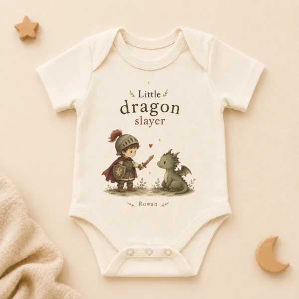 Personalized Little Dragon Slayer Baby Bodysuit, Boy or Girl — alternate product mockup little dragon slayer baby bodysuit product photo