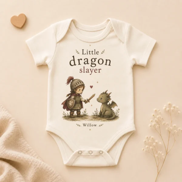 Personalized Little Dragon Slayer Baby Bodysuit, Boy or Girl — alternate product mockup little dragon slayer baby bodysuit product photo