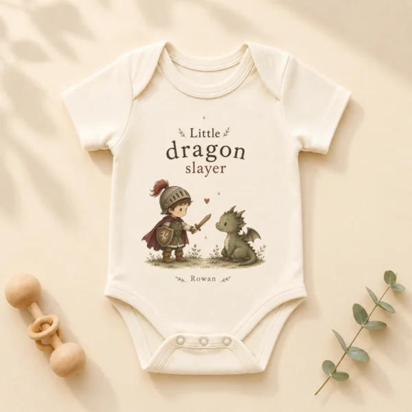 Personalized Little Dragon Slayer Baby Bodysuit, Boy or Girl — product mockup little dragon slayer baby bodysuit