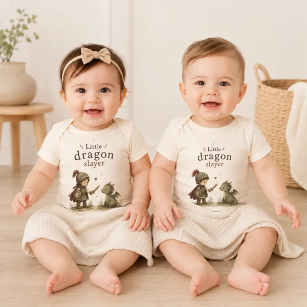 Personalized Little Dragon Slayer Baby Bodysuit, Boy or Girl — baby bodysuit mockup little dragon slayer baby bodysuit model mockup
