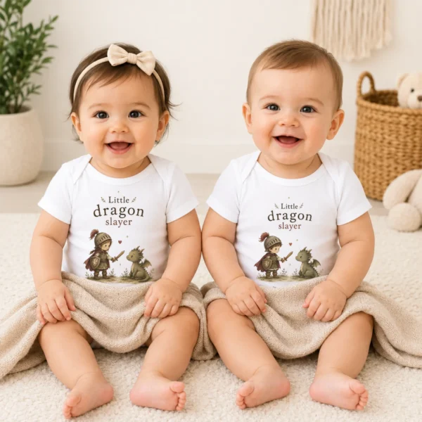 Personalized Little Dragon Slayer Baby Bodysuit, Boy or Girl — baby bodysuit mockup little dragon slayer baby bodysuit model mockup