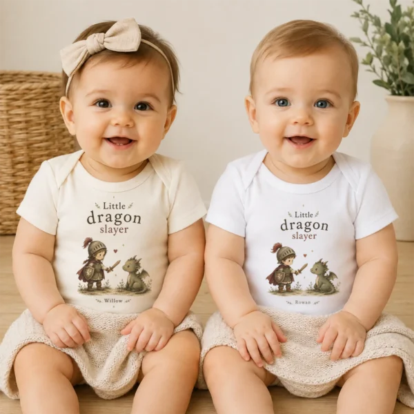 Personalized Little Dragon Slayer Baby Bodysuit, Boy or Girl — baby bodysuit mockup little dragon slayer baby bodysuit model mockup